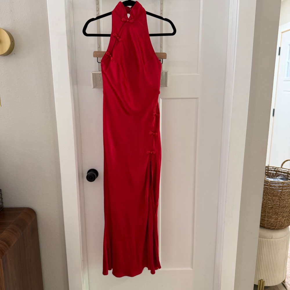 Sau Lee Michelle Gown Red Satin Halter Maxi Dress Size 4 Glamour Sexy Gala Chic